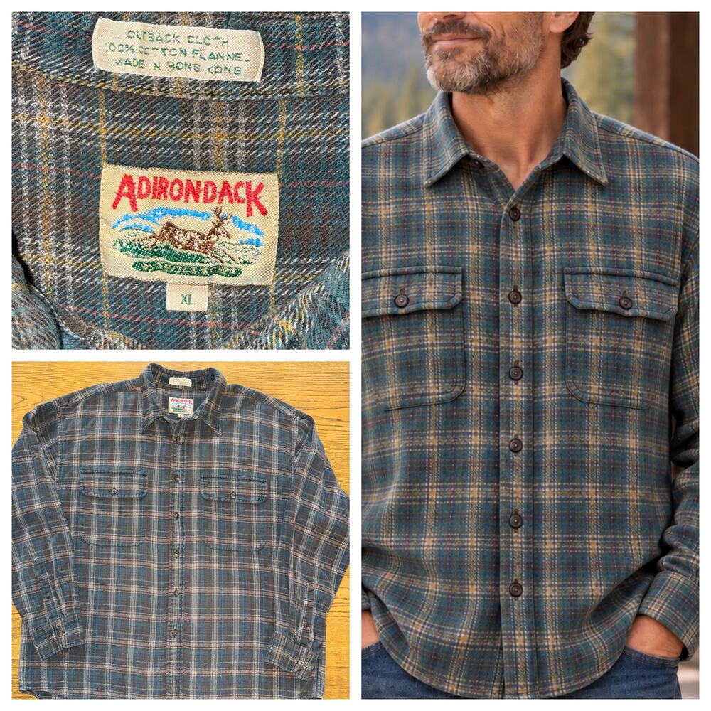 Vintage Adirondack Outback Cloth Plaid Flannel Shirt Button Up Hong Kong EUC XL